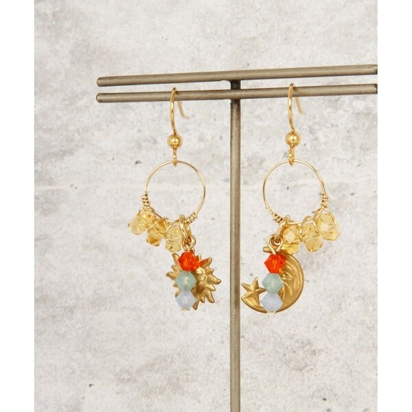 アシンメトリー】太陽月フェイス3粒シトリンピアス（ゴールドフィルド