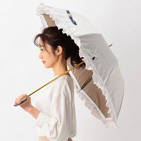 ポロラルフローレン ショートパラソル 晴雨兼用 ストライプフリル 新品  