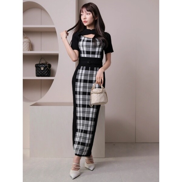 チェックジャガードデコルテオープンミディワンピース(WEB限定
