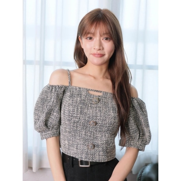 【入手困難】リップサービス　ツイードリボンオフショルトップス リップサービス LIP SERVICE ツイードリボンオフショルトップス