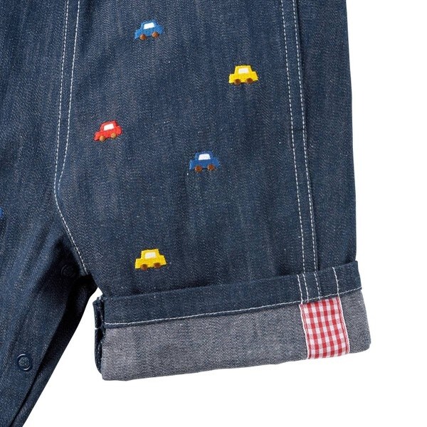 【美品】ミキハウス くるま刺繍 デニム オーバーオール 80ー90 薄手 車 美品】ミキハウス くるま刺繍 デニム オーバーオール 80ー90