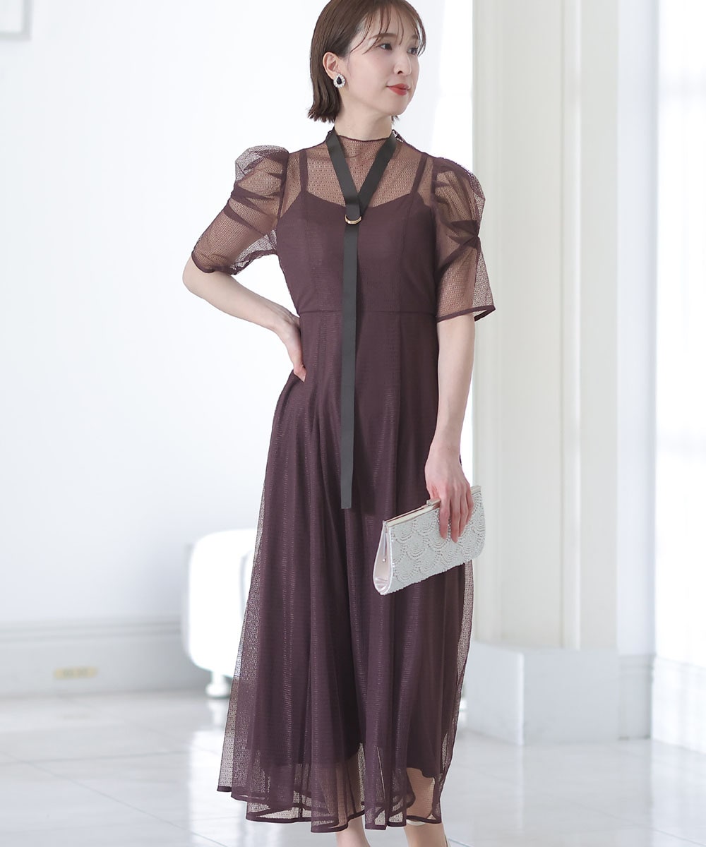 LEJA】美脚効果ハイウエストチュールレース切り替えドレス