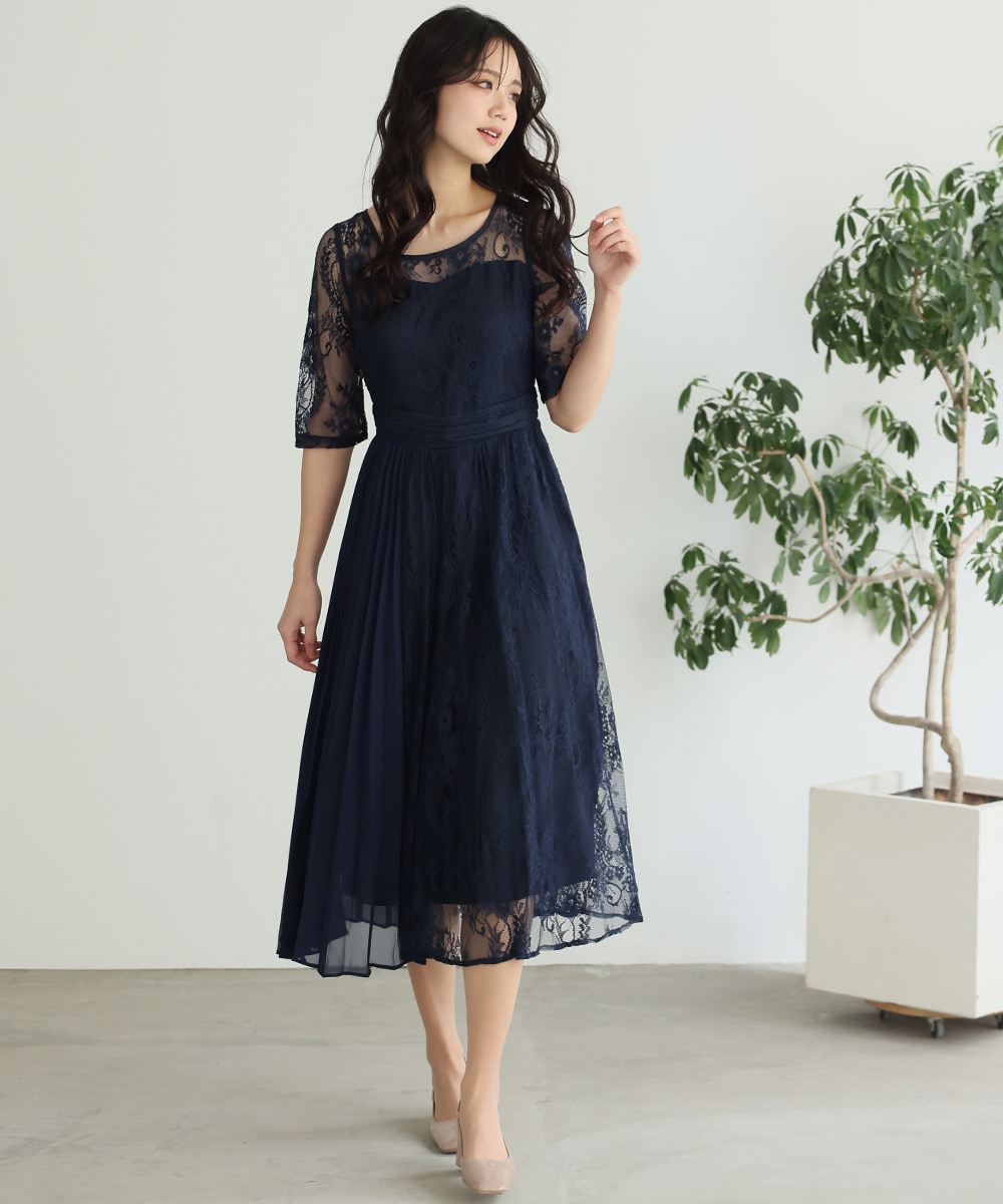 【新品タグ付き】アッシュネイビー　ドレスアン　ドレス結婚式ワンピース ニアナ niana プリーツ×レース 7分袖ドレス 結婚式ワンピース