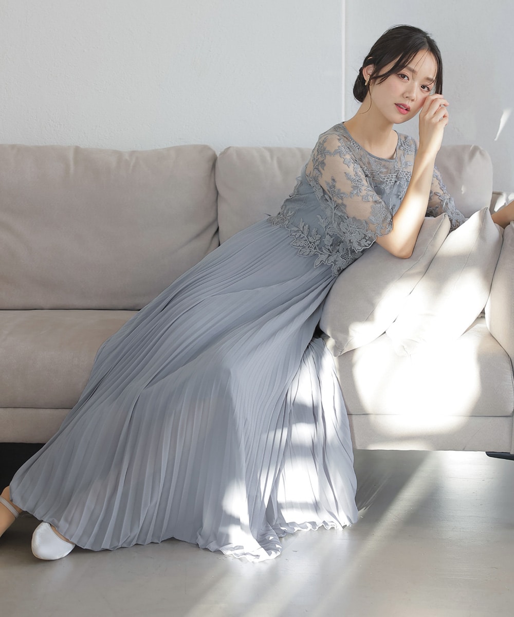 【LEJA】チュールパイピングリーフベルトAラインドレスワンピース 2点セット LEJA】チュールパイピングリーフベルトAラインドレスワンピース 2点