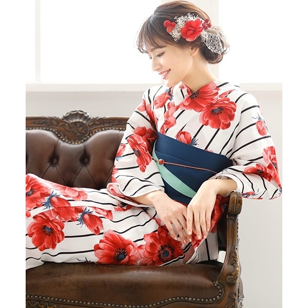 大きいサイズ】 鞠ひまわり柄セパレート浴衣＆結び帯2点セット