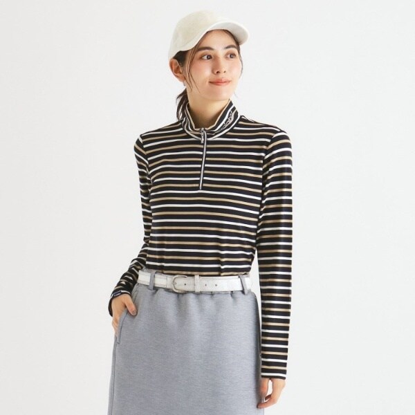 吸湿発熱】ボーダーデザイン 長袖ハーフジッププルオーバー