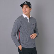 【新レーベル ADABAT NAVY】吸水速乾 サッカーストライプ長袖ポロシャツ