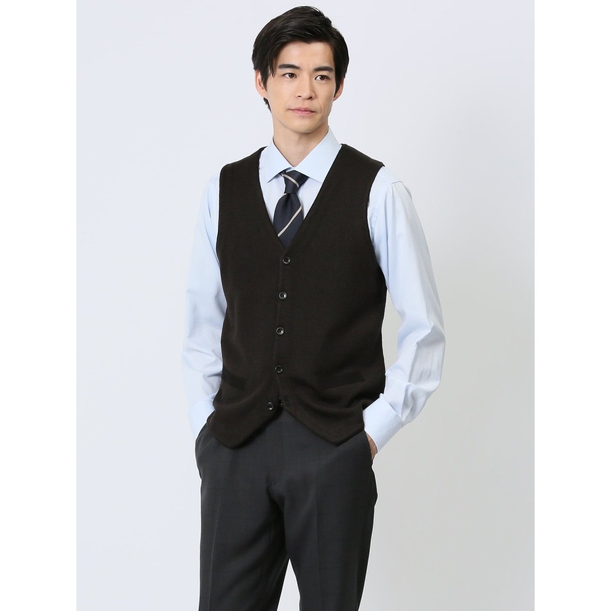 SLIM TAPERED】ジレ(ベスト)/ネイビー×シャドーストライプ