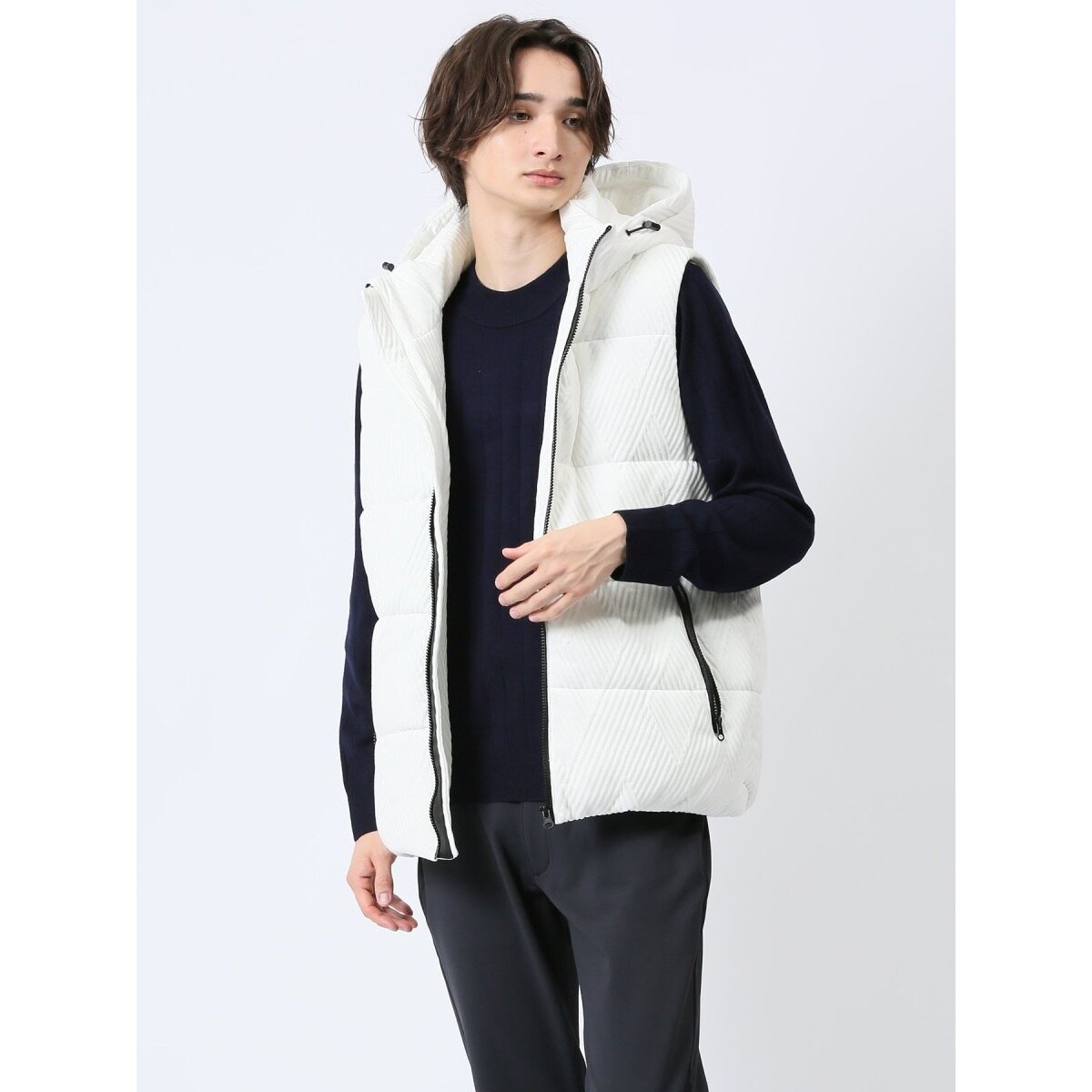 ハンドウォッシャブル】 フード脱着 ふくれジャガード 中綿ベスト