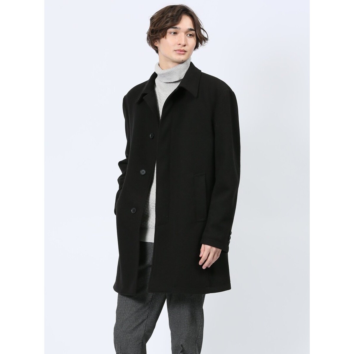 カシミヤ混ウール】スーティスト スタンドカラーコート 無地グレー