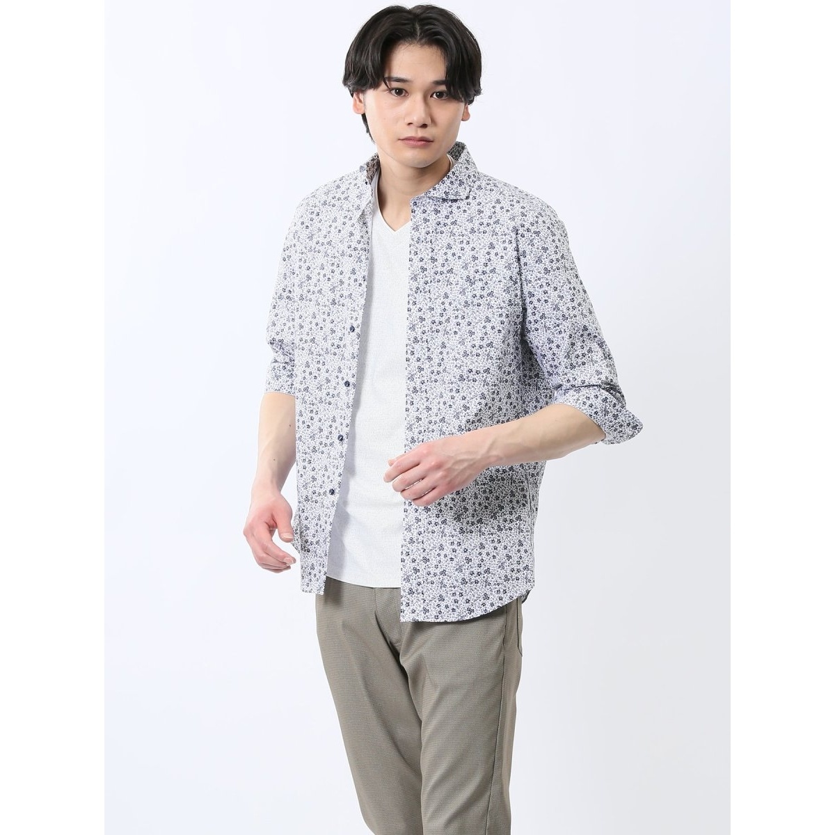 タカです。 タカキュー ストレッチ プリント カッタウェイ 7分袖シャツ