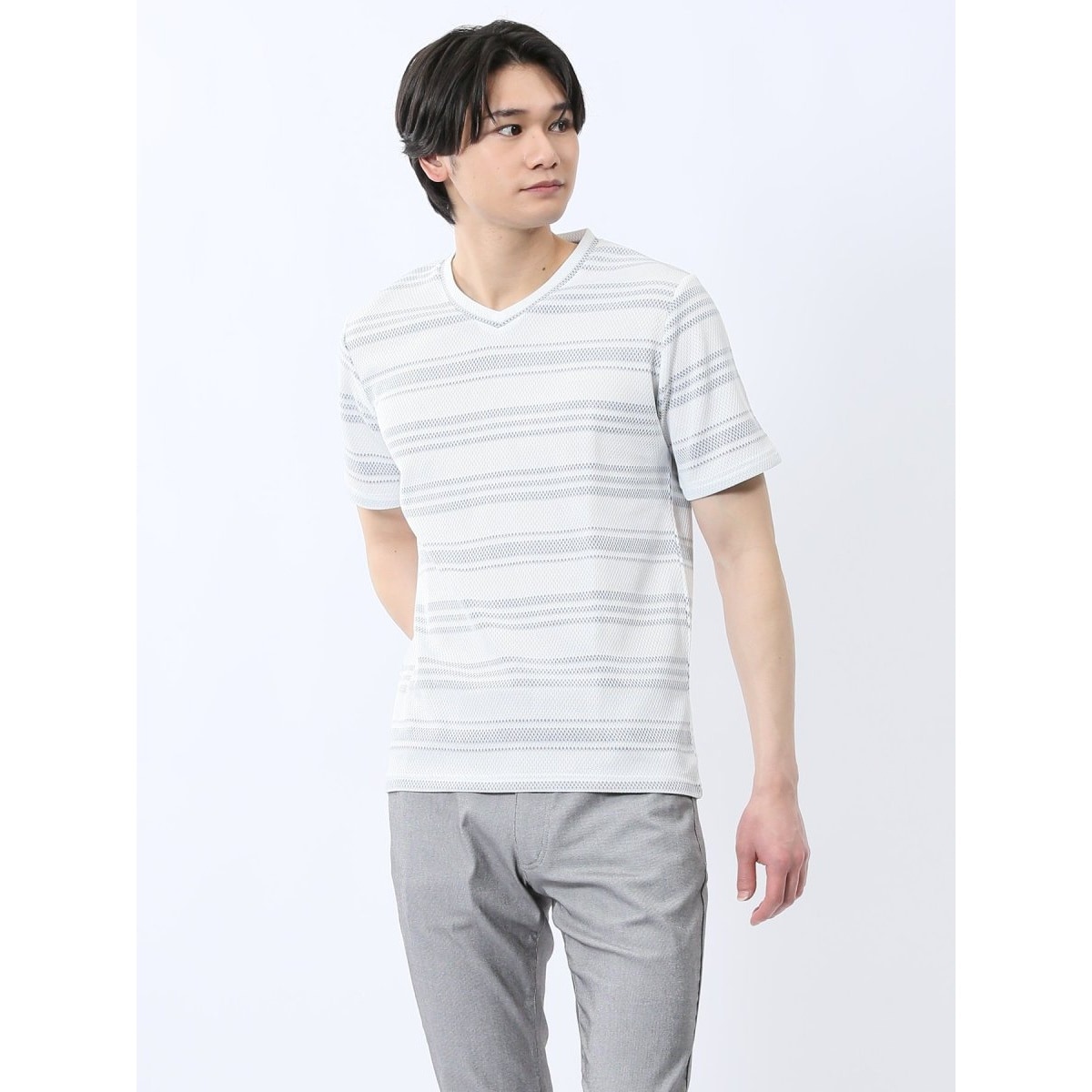 タカキュー メッシュボーダー Vネック半袖Tシャツ