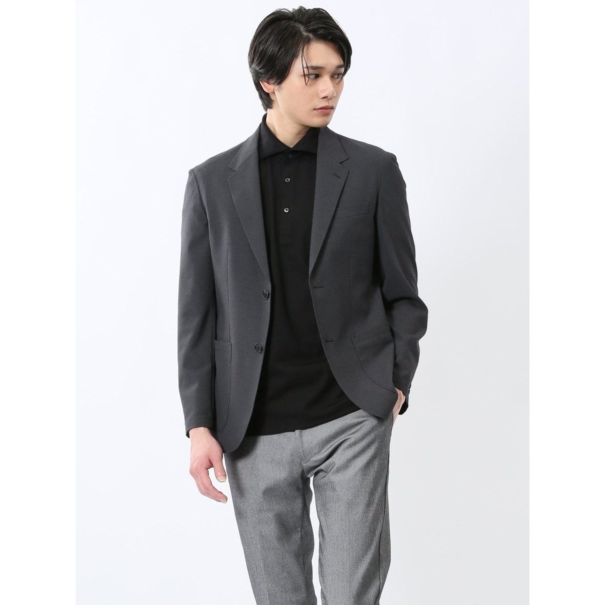 ストレッチ からみニット】タカキュー 2ボタンジャケット 紺