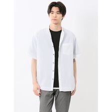 【マシンウォッシャブル】タカキュー リネン混 楊柳 バンドカラー半袖シャツ