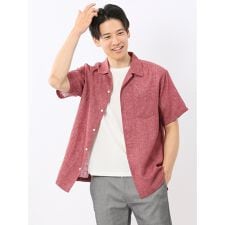 【フレンチリネン混 開襟】タカキュー シャンブレー オープンカラー半袖シャツ
