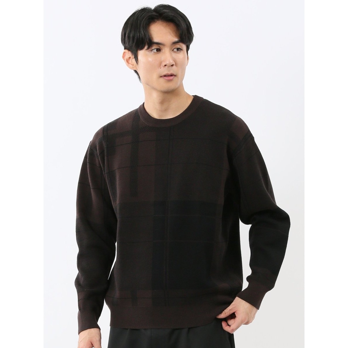 ストレッチ ウォッシャブル】タカキュー チェック柄 クルーニット