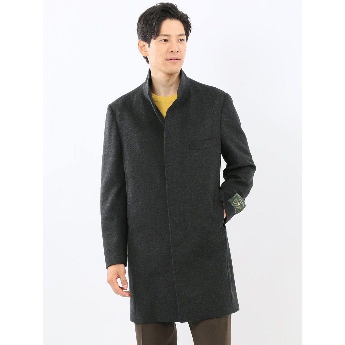 f1410m # カシミヤｘメルトンウール【エディフィス EDIFICE スタンドカラーコート メンズ M】ハウンドトゥース 千鳥格子 チェスターコート EDIFICE SUPER 140\u0027s ウールメルトンフードロングコートM 秋冬新作