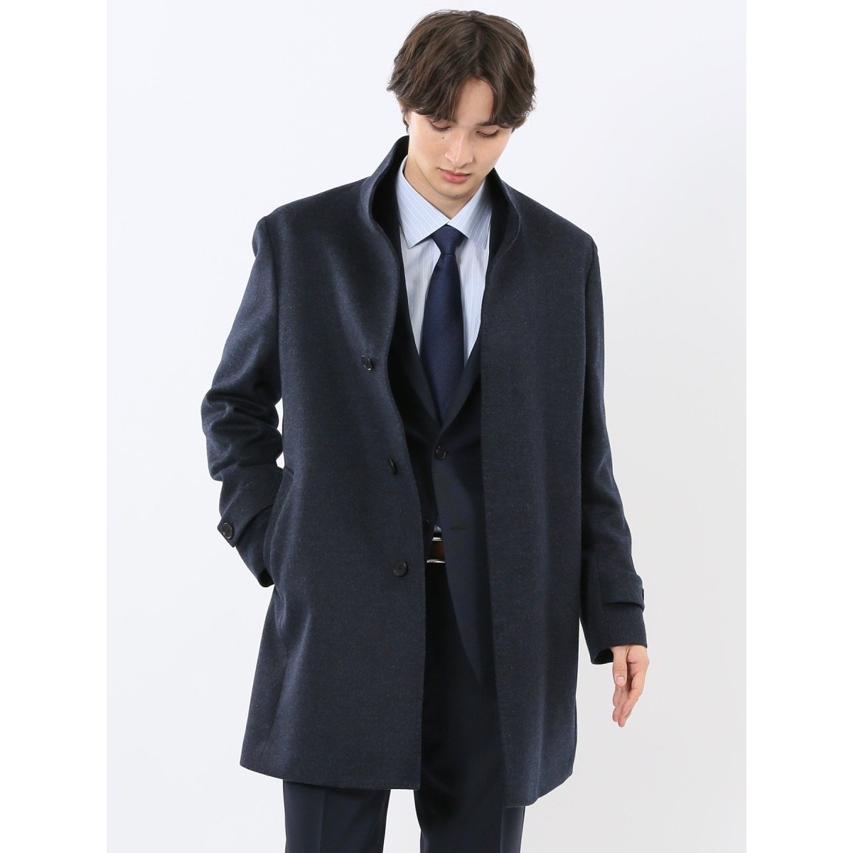 カシミヤ混】ウール スタンドコート チェックシロ×クロ | タカキュー