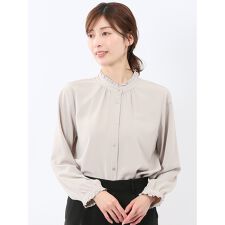 【ストレッチ イージーケア UVカット】タカキュー バンドカラーフリル 長袖ブラウス