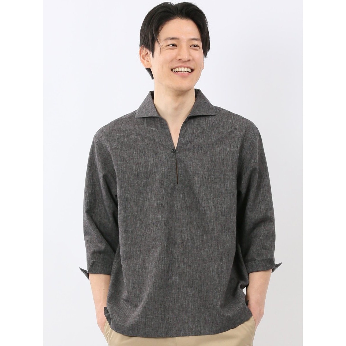 麻混 フレンリネン】タカキュー リネン混 プルオーバー 7分袖 シャツ