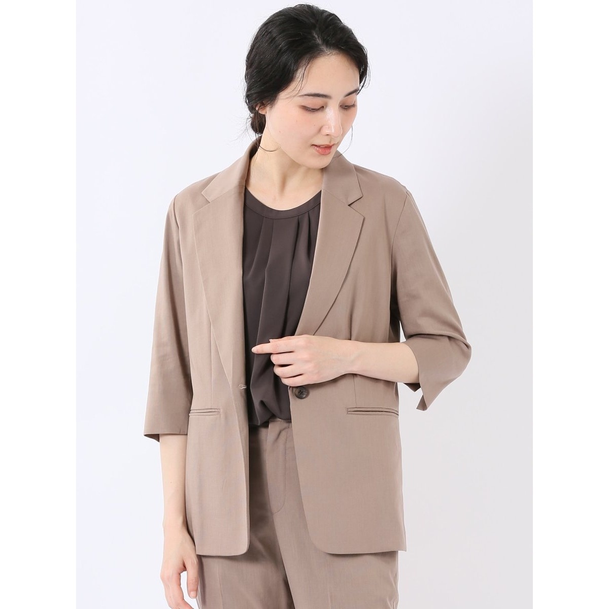 ストレッチ】m.f.エディトリアル リネン混 1釦 7分袖 ジャケット 茶
