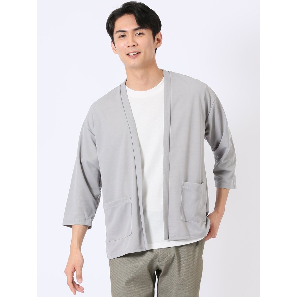 PEPLUM グレー　アンサンブル　半袖と長袖カーディガンセット売り アンサンブル 2枚 セット メンズ 7分袖 カーディガン & 半袖 Tシャツ