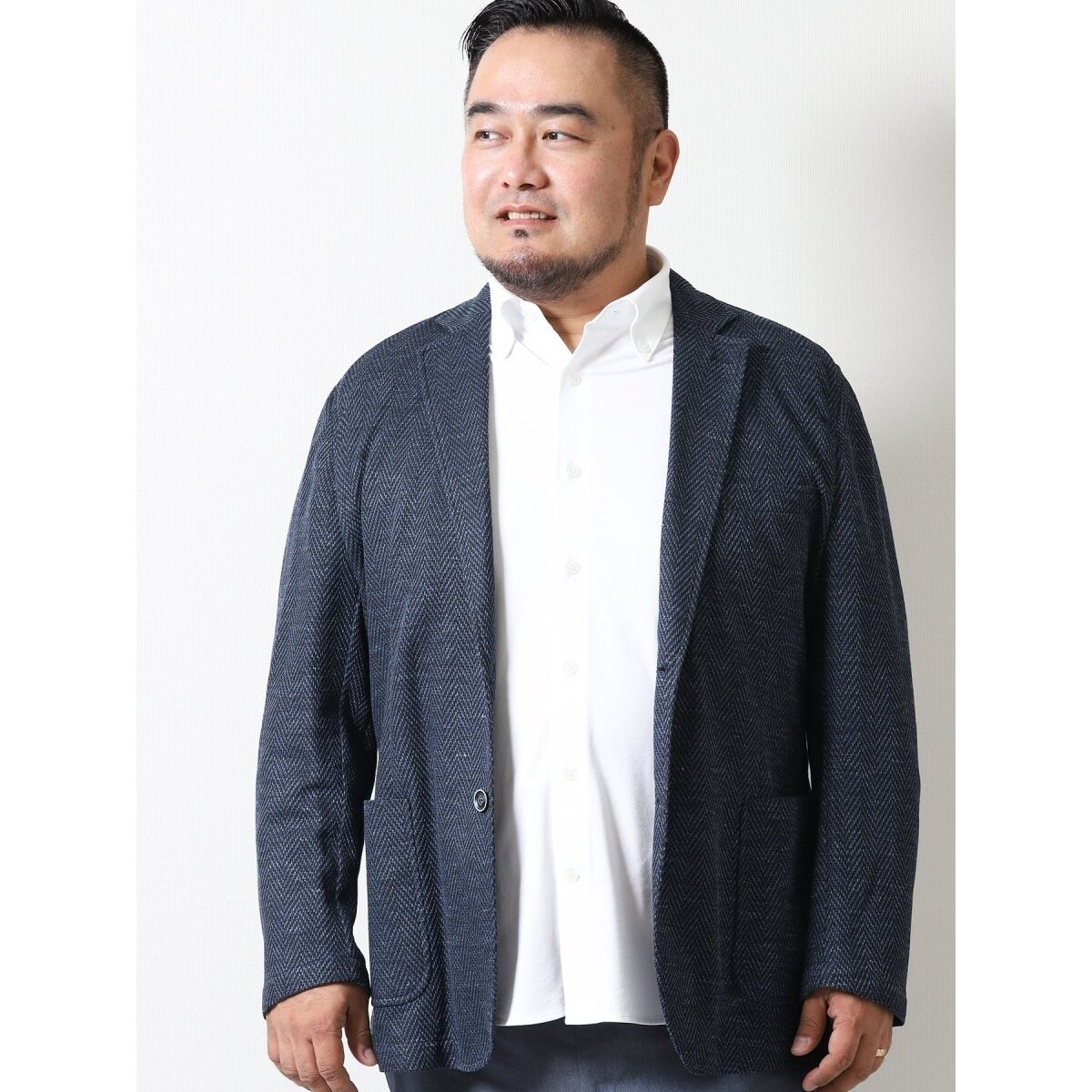 春先取りの 大きいサイズ グランバック Grand Back 2ボタンジャケット ヘリンボンジャージ テーラードジャケット