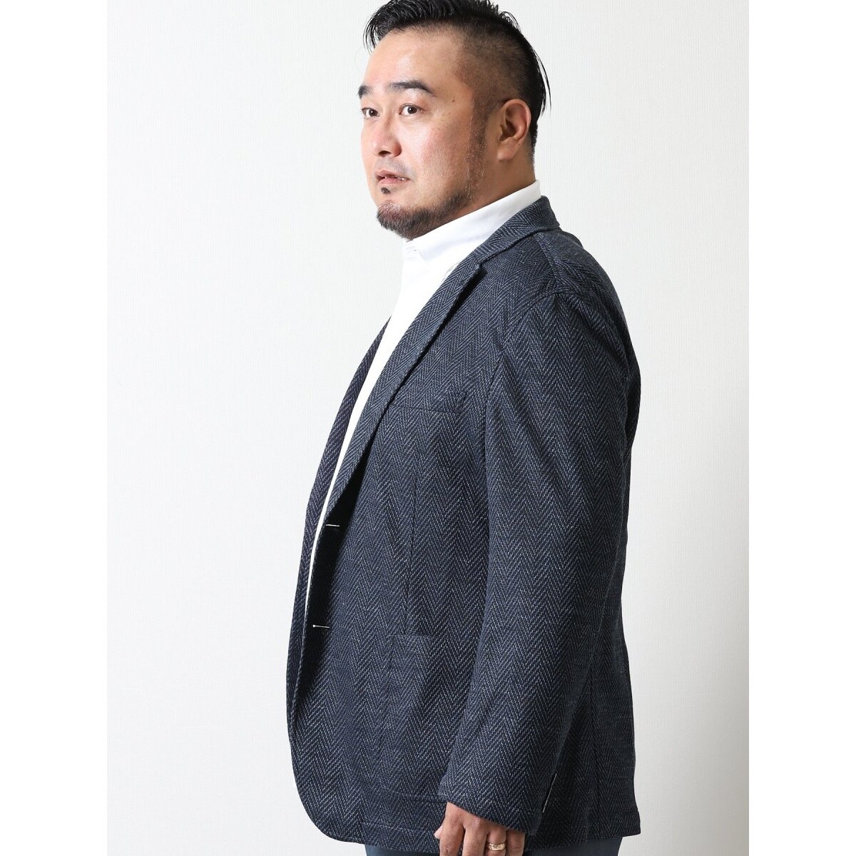 春先取りの 大きいサイズ グランバック Grand Back 2ボタンジャケット ヘリンボンジャージ テーラードジャケット