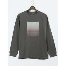 【大きいサイズ】ルイシャブロン 綿天竺 ボックスプリント クルーネック長袖Tシャツ