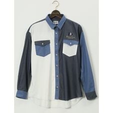 【大きいサイズ】シナコバ/SINA COVA デニムクレイジーパターン レギュラーカラー長袖シャツ