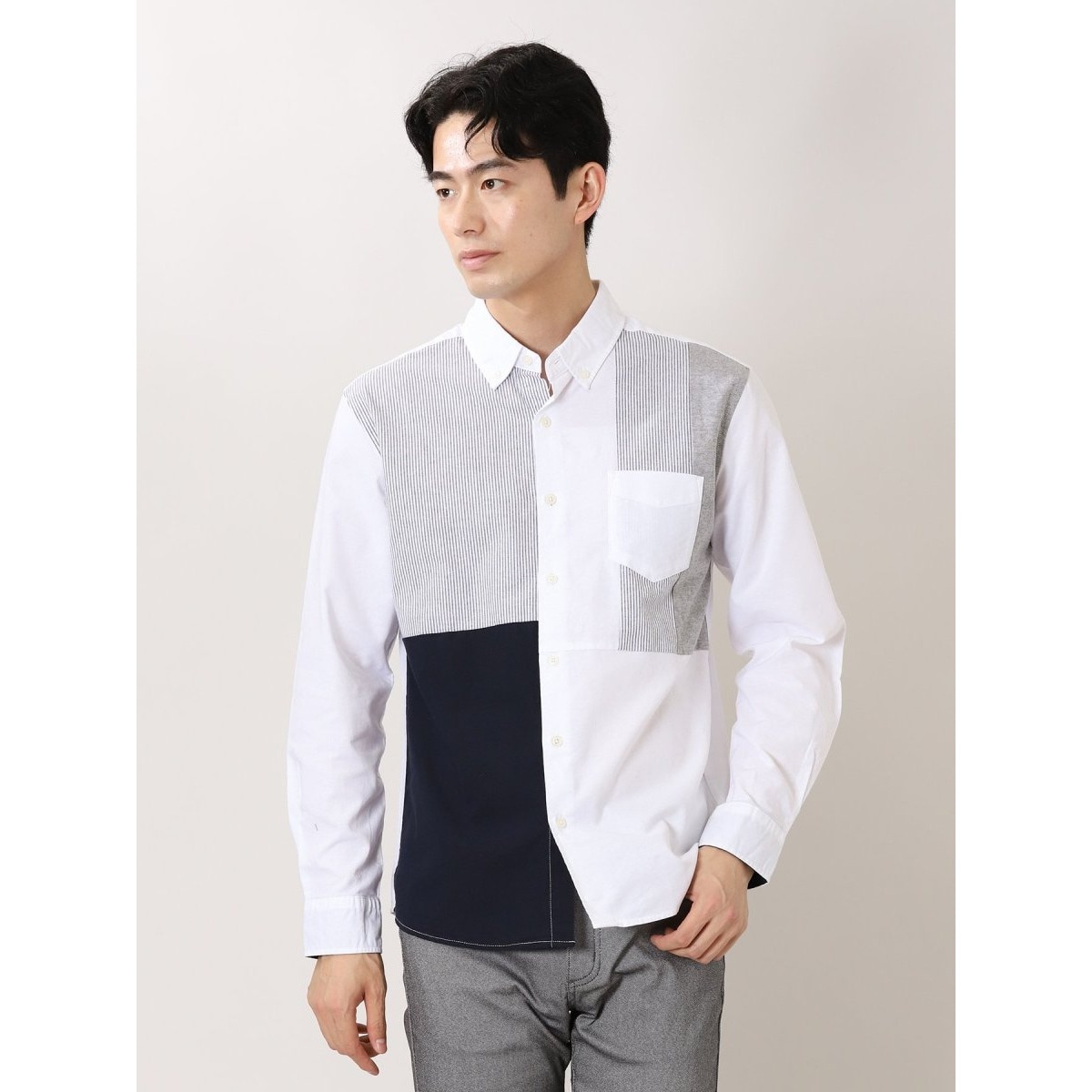 m．f．エディトリアル（m．f．editorial）/m．f．エディトリアル クレイジー切替 ボタンダウン長袖シャツ m.f.エディトリアル オックスクレイジー切替 ボタンダウン長袖シャツ