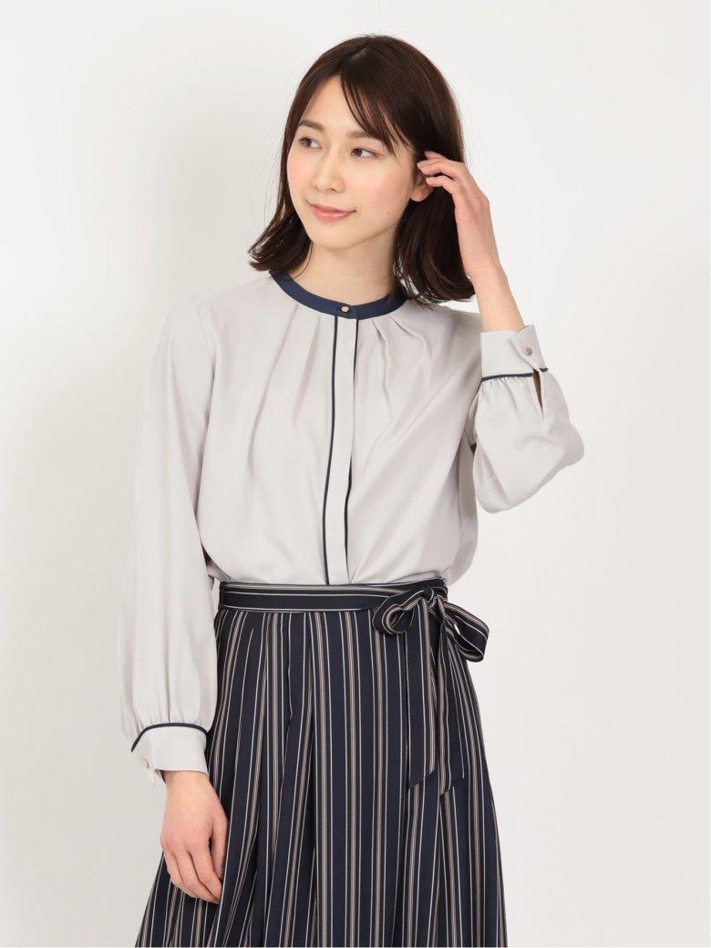 m.f.エディトリアル 配色バンドカラー プリント長袖比翼ブラウス エムエフエディトリアル m.f.editorial 配色バンドカラー