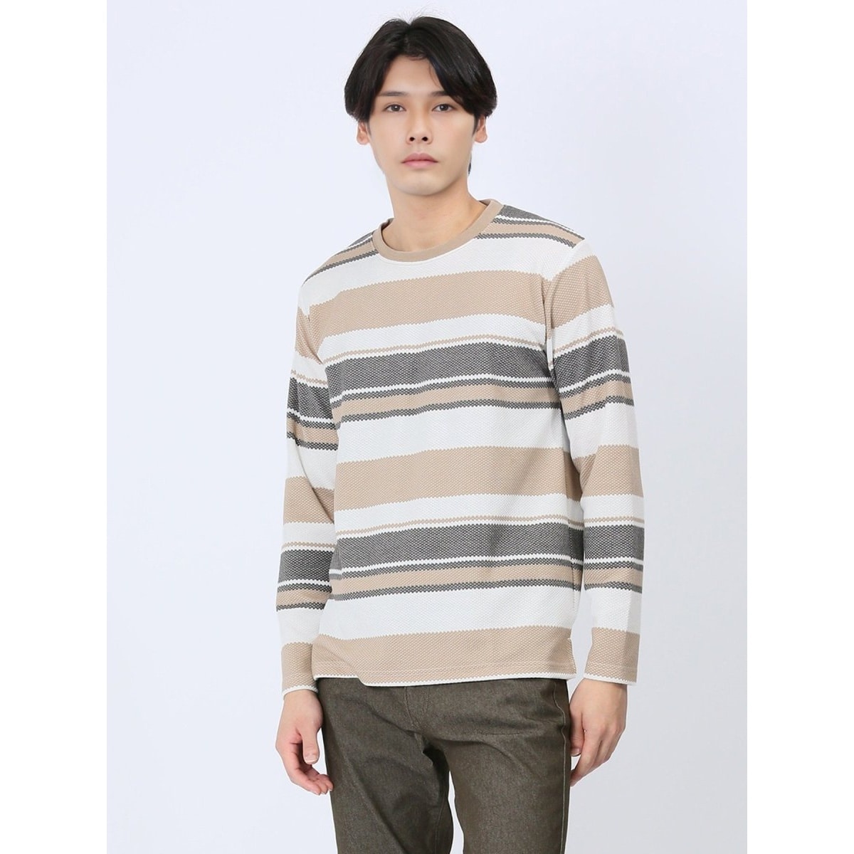 m.f.エディトリアル ポップコーンボーダー クルーネック長袖Tシャツ