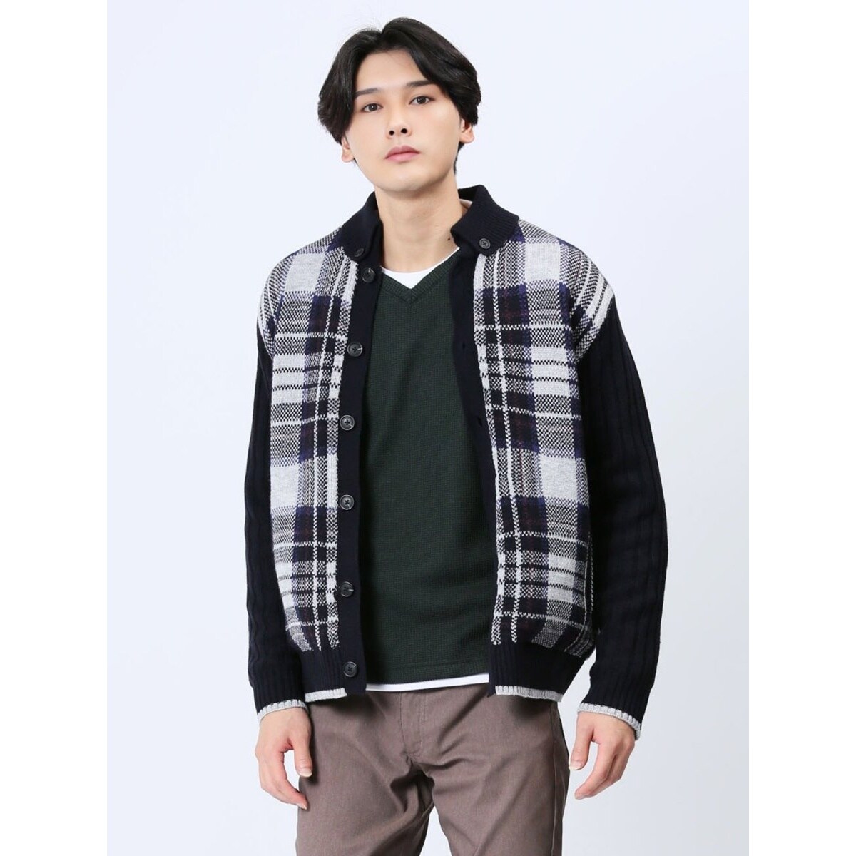 m.f.エディトリアル 配色チェック柄 ドンキーネックニットアウター