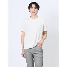 m.f.エディトリアル メッシュボーダー フェイクVネック半袖Tシャツ