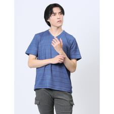 m.f.エディトリアル メッシュボーダー フェイクVネック半袖Tシャツ
