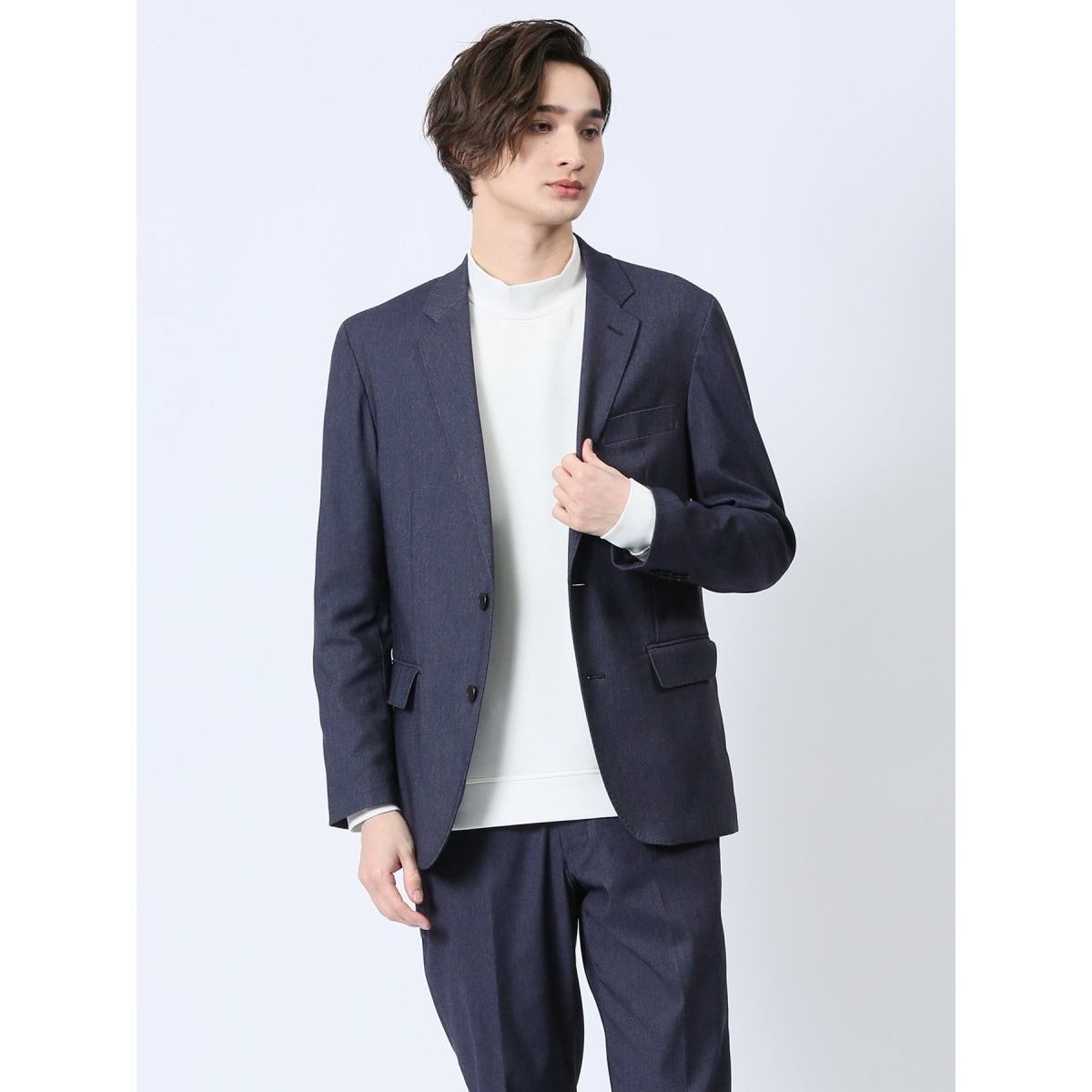 m．f．エディトリアル（m．f．editorial）/m．f．エディトリアル ストレッチ 2ボタンジャケット デニム風紺(セットアップ可能) m.f.エディトリアル ストレッチ 2ボタンジャケット デニム風紺