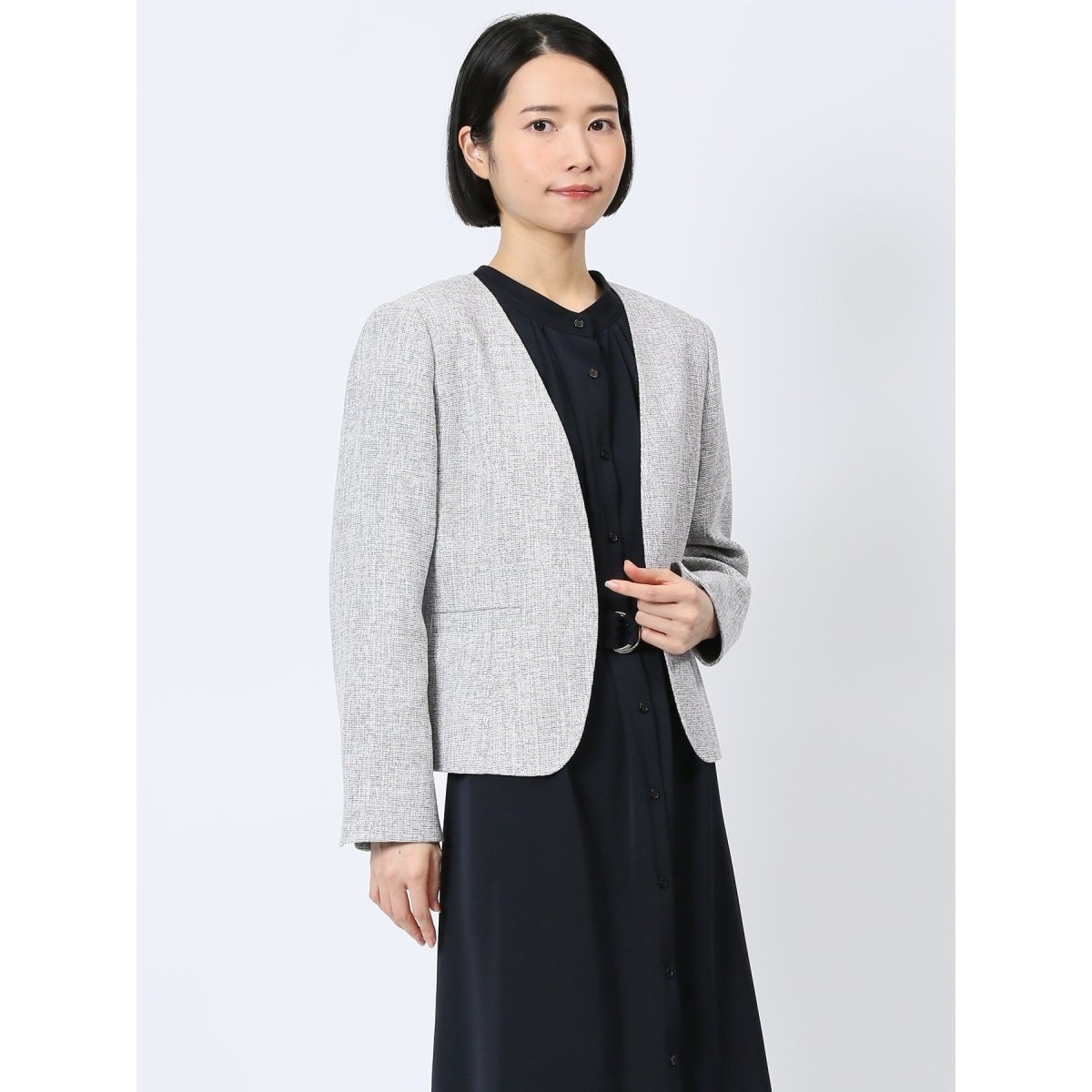 VINCENT J　ノーカラージャケット　ベロア　レース花柄　BLK 送料無料】花柄レース切替ノーカラーブルゾン レディース