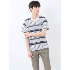 m.f.エディトリアル ポップコーンボーダー Vネック半袖Tシャツ