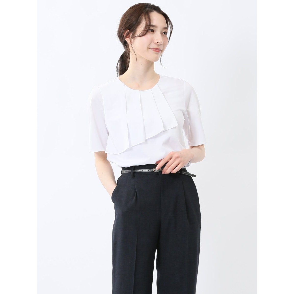 【ハンドウォッシャブル】m.f.エディトリアル アシメフリル ストレッチ半袖プルオーバー