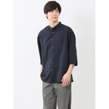 【ウォッシャブル】カウラ/Kaule リネンライク バンドカラー ストレッチ7分袖シャツ
