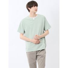 【ストレッチ】【ウォッシャブル】m.f.エディトリアル ヘリンボンジャガード キーネック半袖Tシャツ