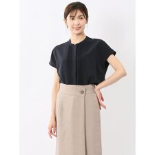 【ストレッチ【UVカット】【接触冷感】m.f.エディトリアル バンドカラー ノースリ比翼ブラウス