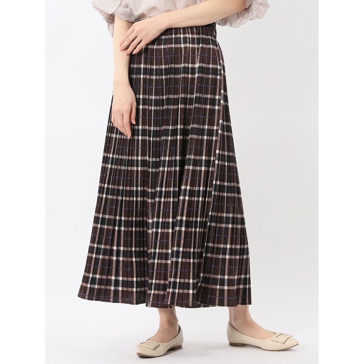 ロング丈 ウエストゴム】ハンチ チェック柄 プリーツスカート | m.f.