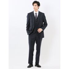 【ストレッチ 光沢 ウール混】m.f.エディトリアル 2ボタン3ピース スーツ ツイル紺