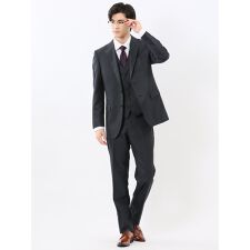 【ストレッチ 光沢 ウール混】m.f.エディトリアル 2ボタン3ピース スーツ メランジ紺