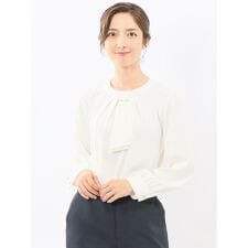 【 ストレッチ ウォッシャブル】m.f.エディトリアル 金具付きボウタイ風 長袖プルオーバーブラウス