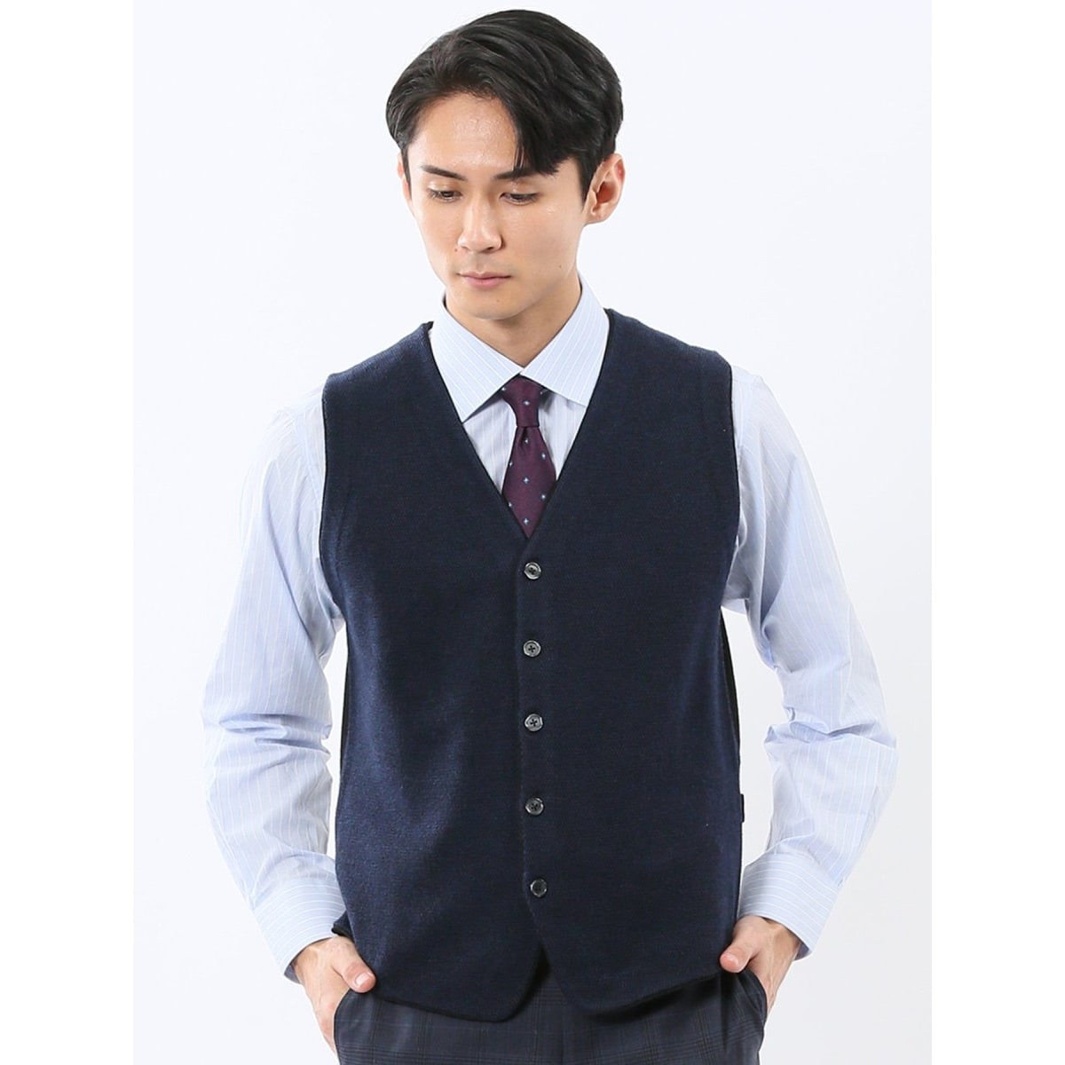SLIM TAPERED】ジレ(ベスト)/ネイビー×シャドーストライプ