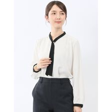 【ストレッチ イージーケア】m.f.エディトリアル パールボウタイ 長袖プルオーバーブラウス