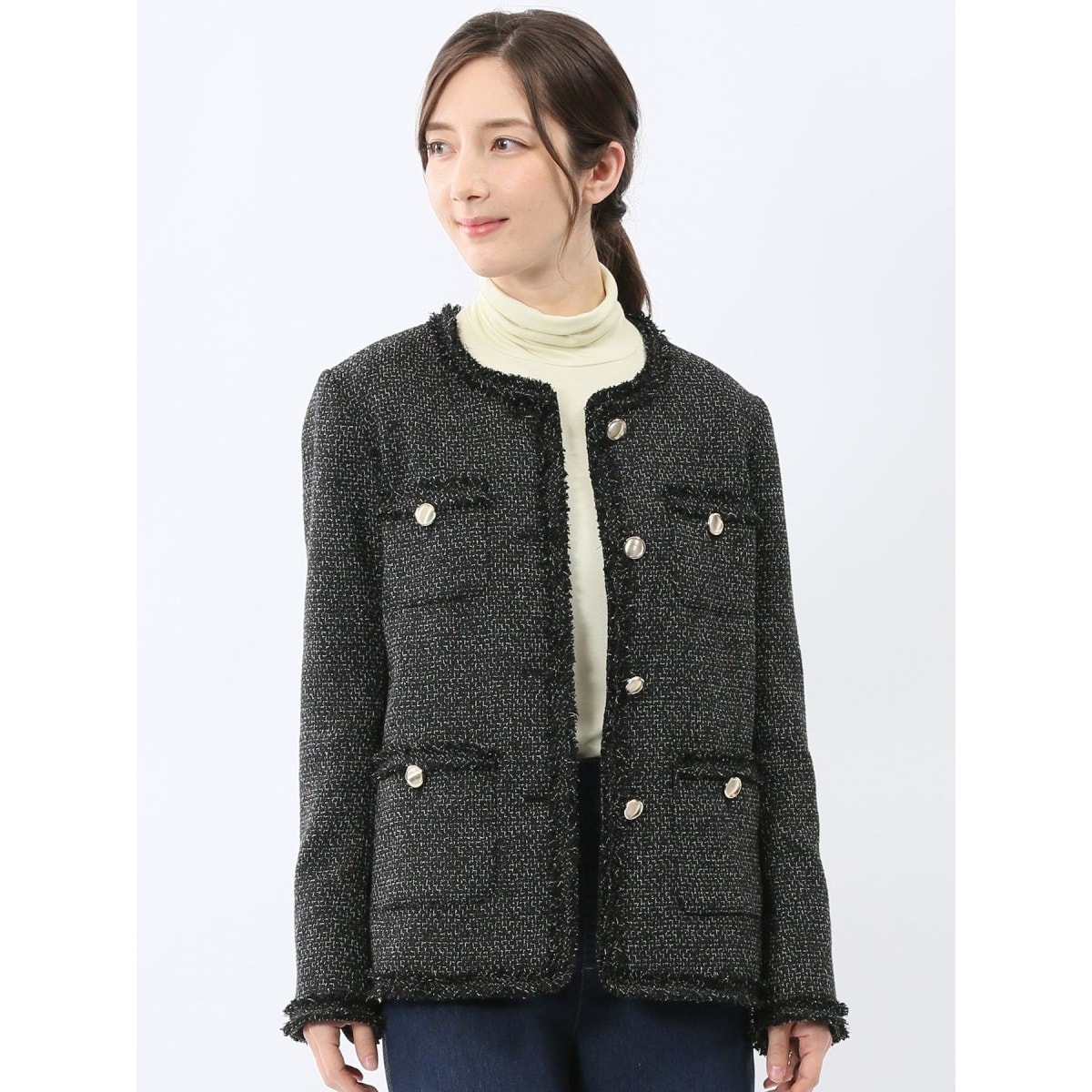 ファンシーツイード ノーカラージャケット 黒 | m.f.エディトリアル